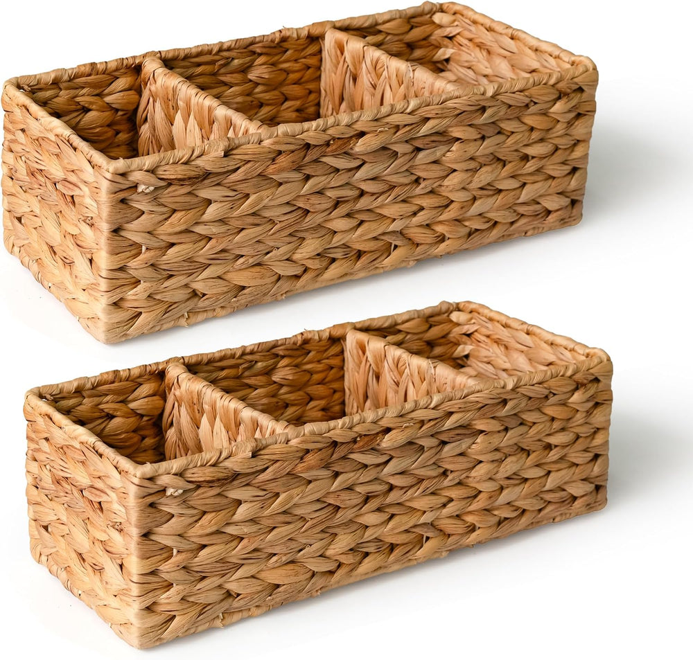 KOKODO Pack of 2 Water Hyacinth Tank Topper Storage Baskets 3 sections Woven ...