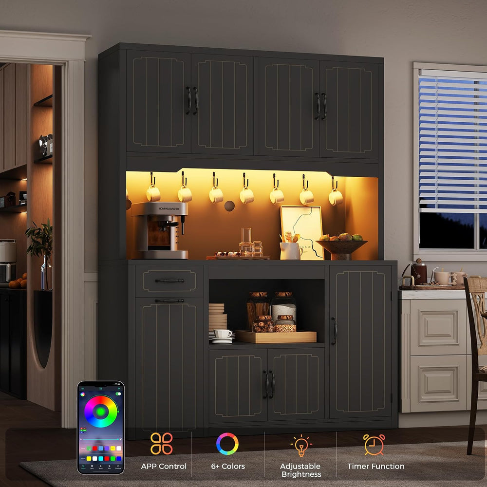 Fluted Kitchen Pantry Cabinet with Charging Station & LED Light, 47"...