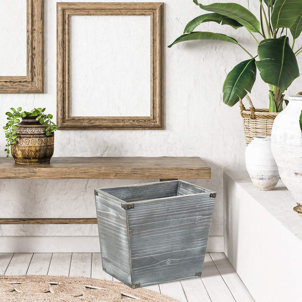 Grey Farmhouse Style Torched Wood Trash Can Waste Bin with Decorative Metal B...