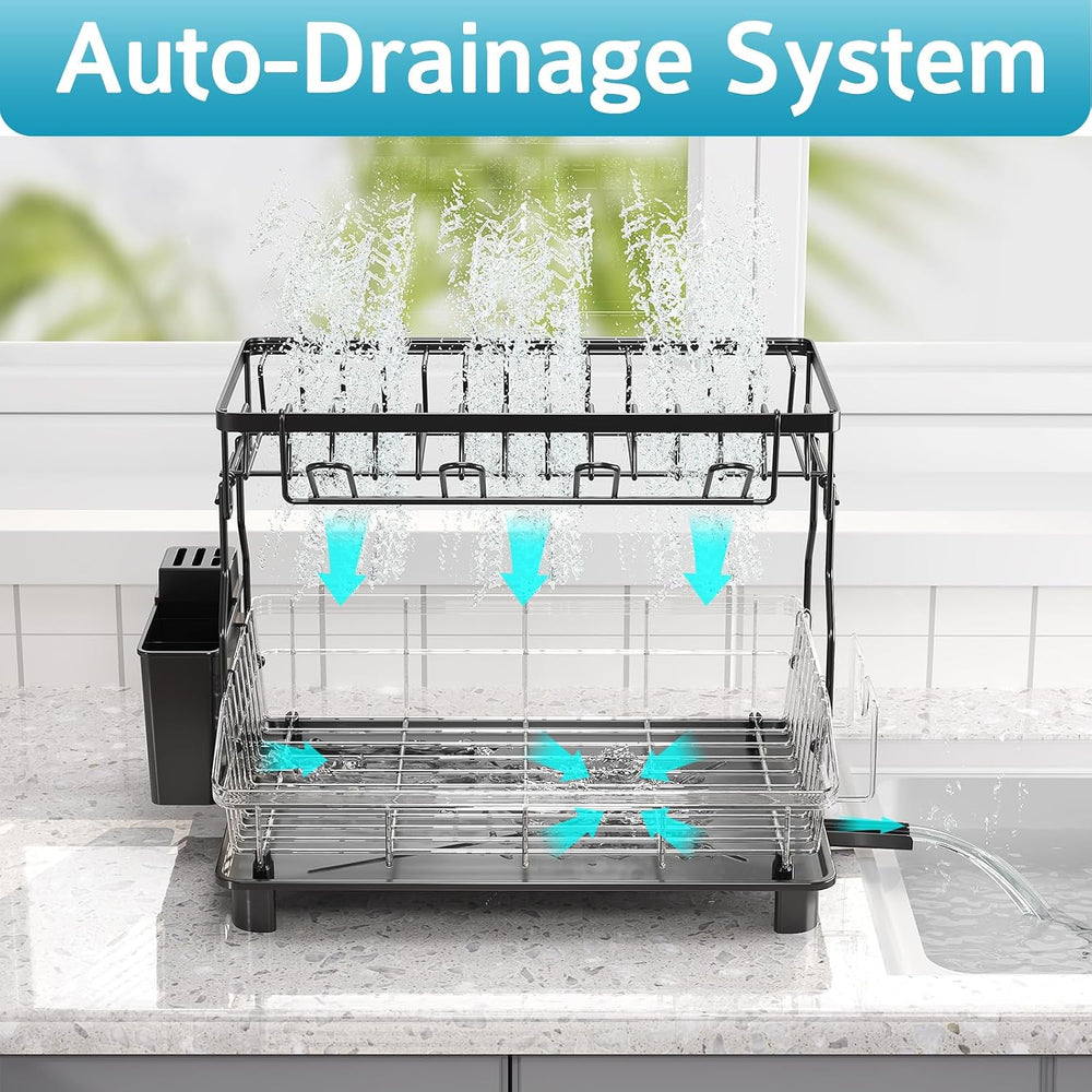 2 Tier Dish Drying Rack for Kitchen Counter, Large Capacity, Black