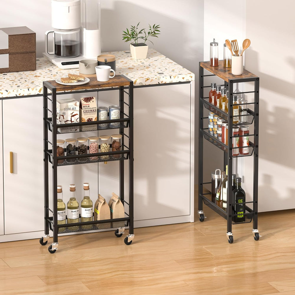 Slim Rolling Cart, 4-Tier Narrow Kitchen Storage Cart, Slim Utility Cart on W...