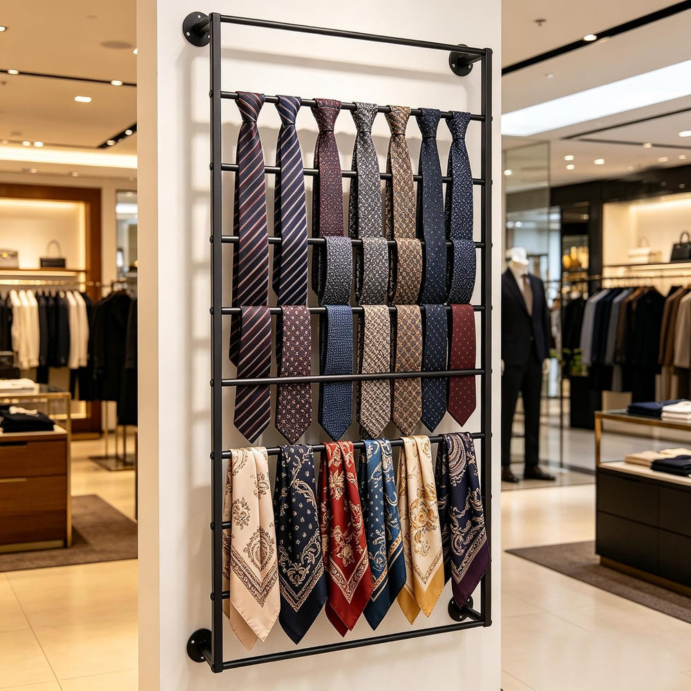 10 Tier Wall Mounted Tie Rack Scarf Display Stand Belt Pants Hangers Scarves ...