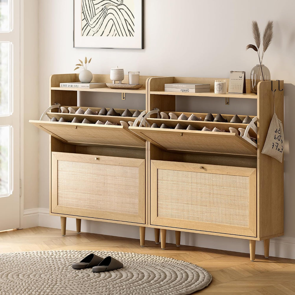 Rattan Storage Shoe Cabinet with 2 Flip Drawers Set of 2, Farmhouse Freestand...