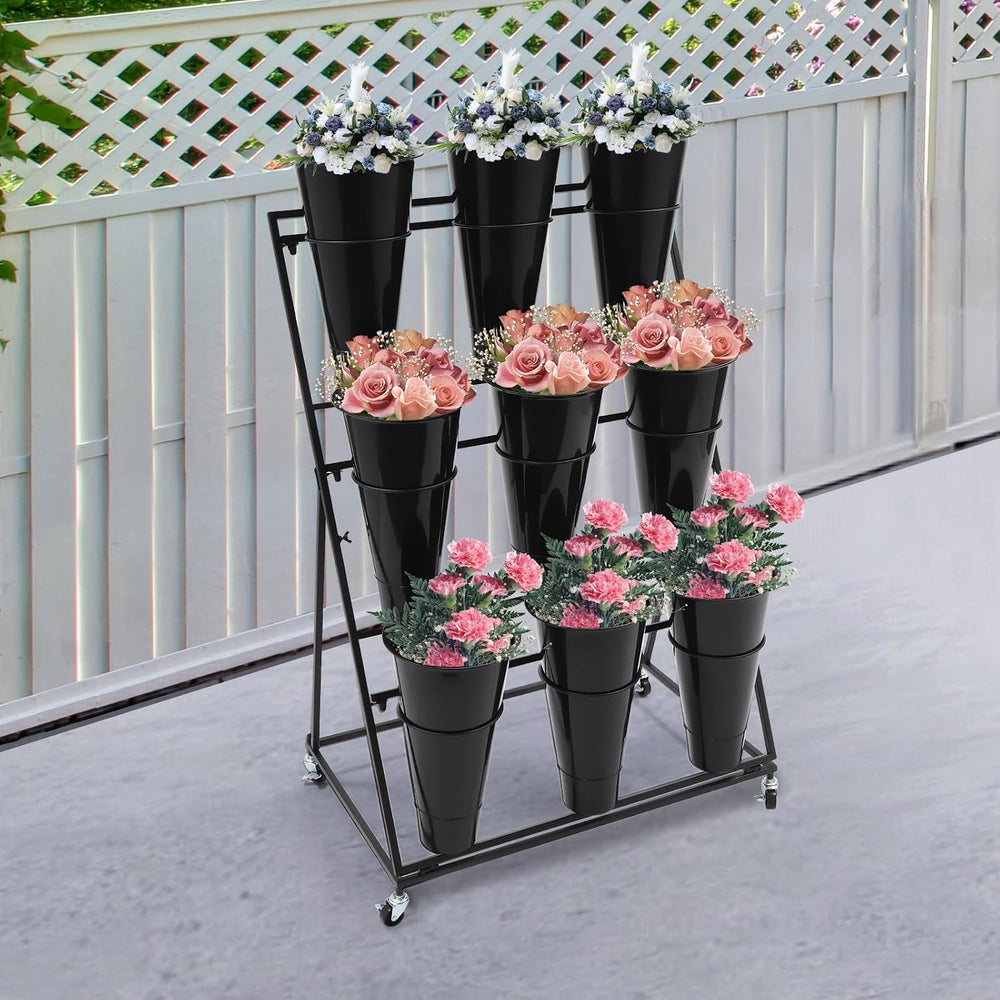 Flower Display Stand with 9 Pcs Round Buckets, 3 Layers Metal Plant Stand Mov...