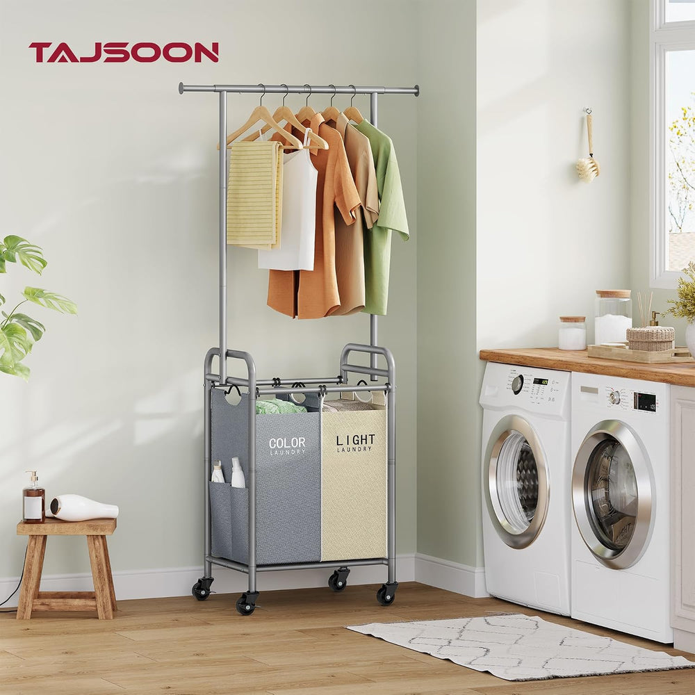 Tajsoon 2 Section Laundry Sorter Hamper with Hanging Rack, Beige & Gray