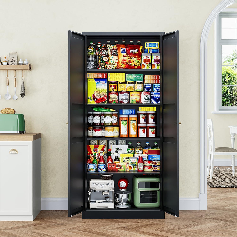 Black Storage Cabinet with Adjustable Shelves-Metal Home Kitchen Pantry Cabin...