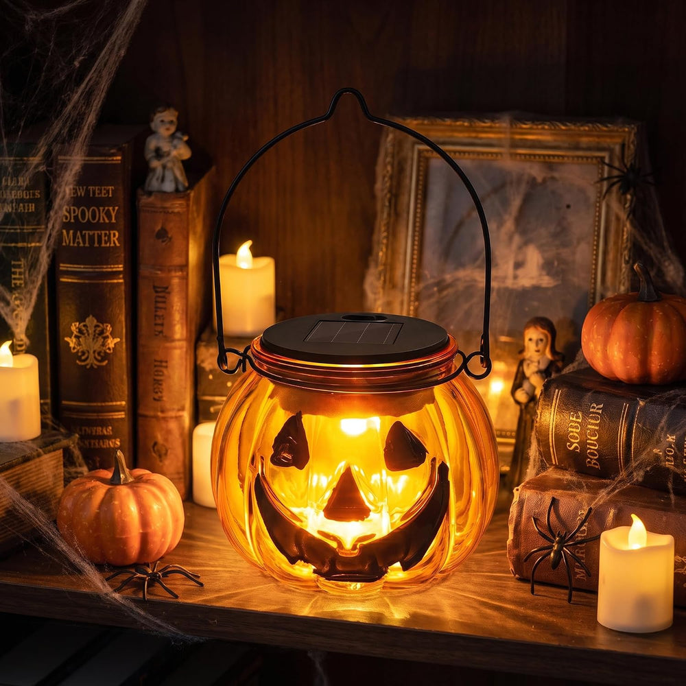 Brizled Halloween Pumpkin Solar Lantern, 2 Pack Glass Hanging Light Outdoor