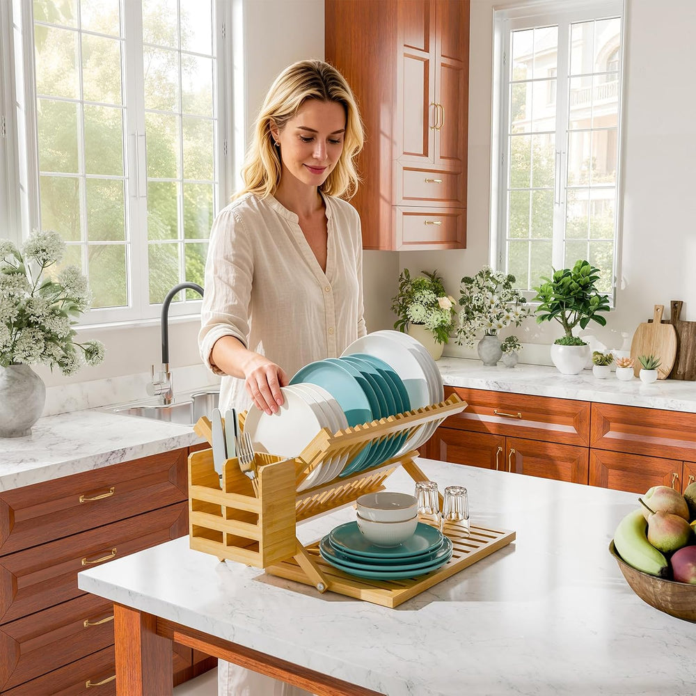 Simple Trending Bamboo Dish Drying Rack, 3 Tier with Utensil Holder