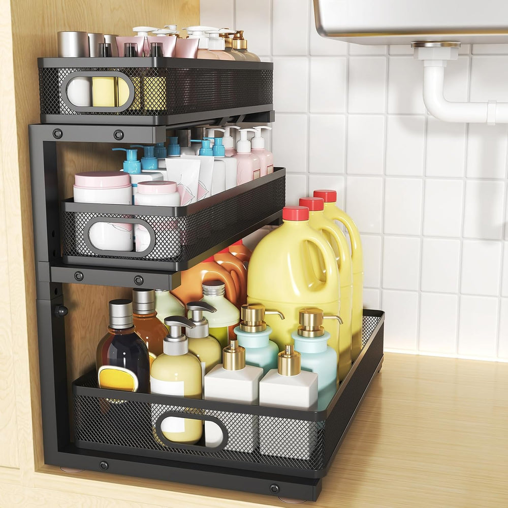 3-Tier Under Sink Organizer, Slide Out Drawer Rack, Black, 1 Pack