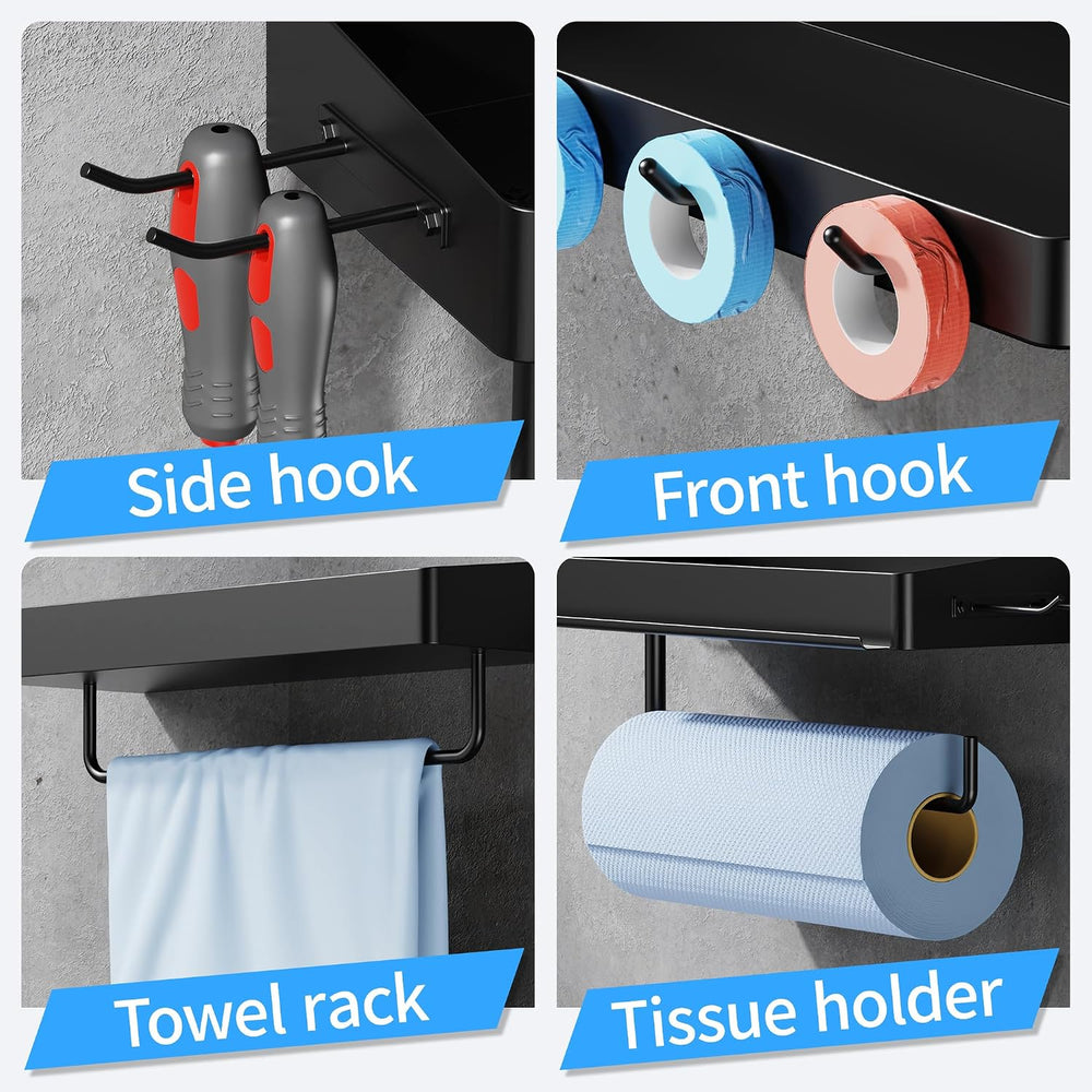 SUNTECH Garage Paper Towel Holder with Shelf, Wall-Mount, 3 Pack (Black)