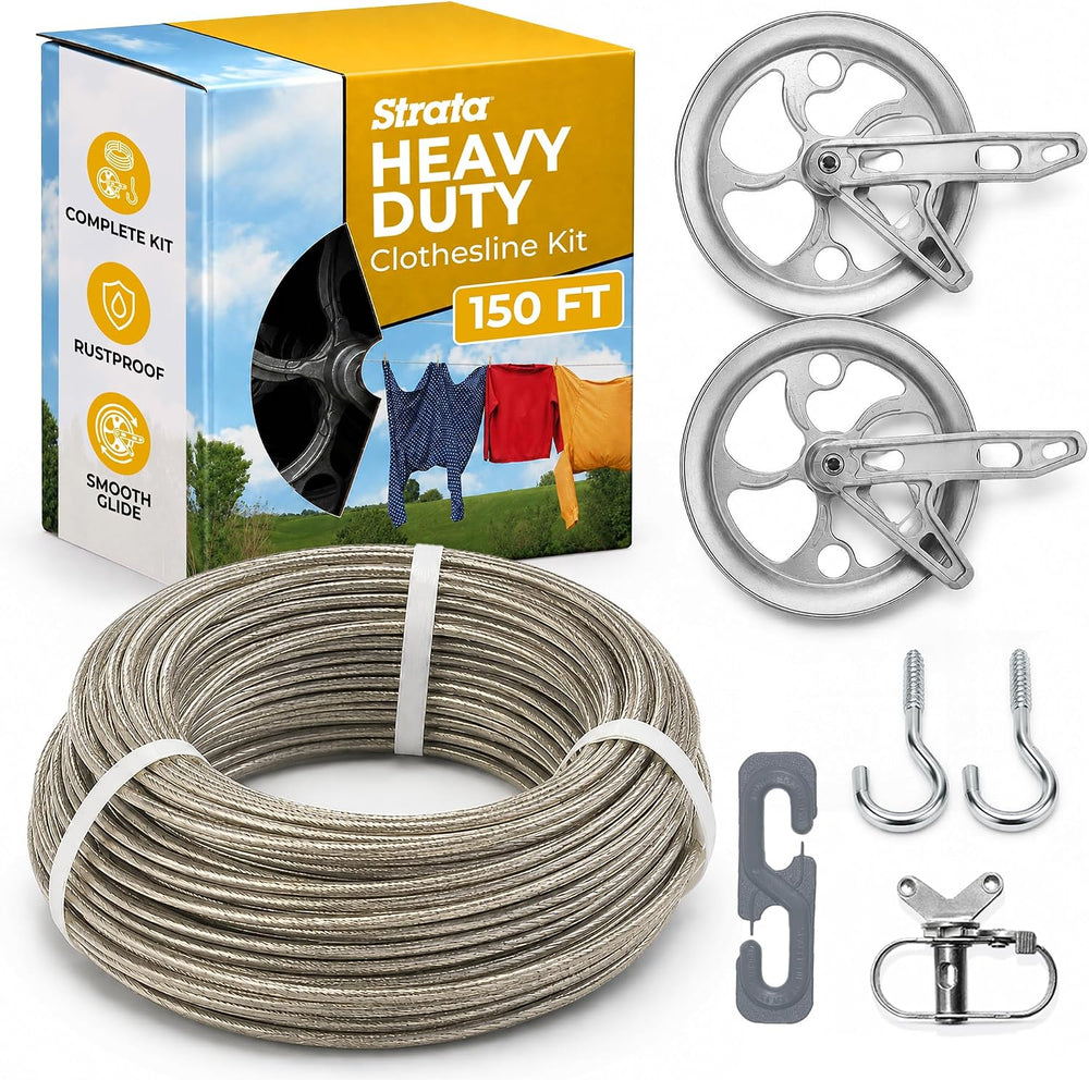 STRATA Heavy-Duty Clothesline Kit, 150 ft Steel Cable, Gold & Silver