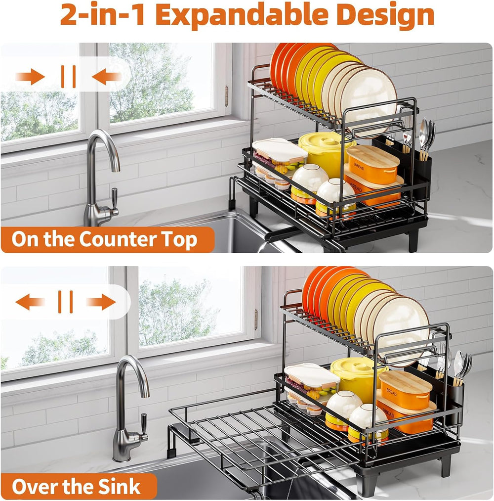 Urackify Expandable Sink Dish Drying Rack for Kitchen Counter, 2-Tier Black