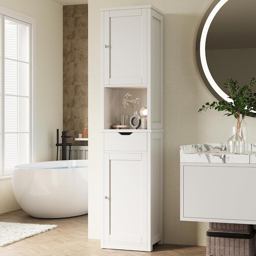 Shintenchi Tall Bathroom Storage Cabinet, Narrow Slim Cabinet, White