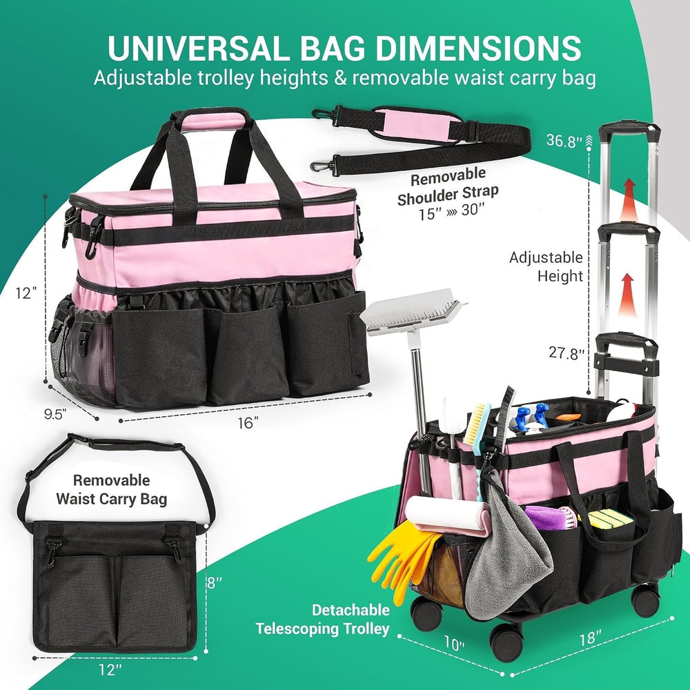 Rolling Cleaning Caddy Bag w/Detachable Trolley & Lid (Pink)