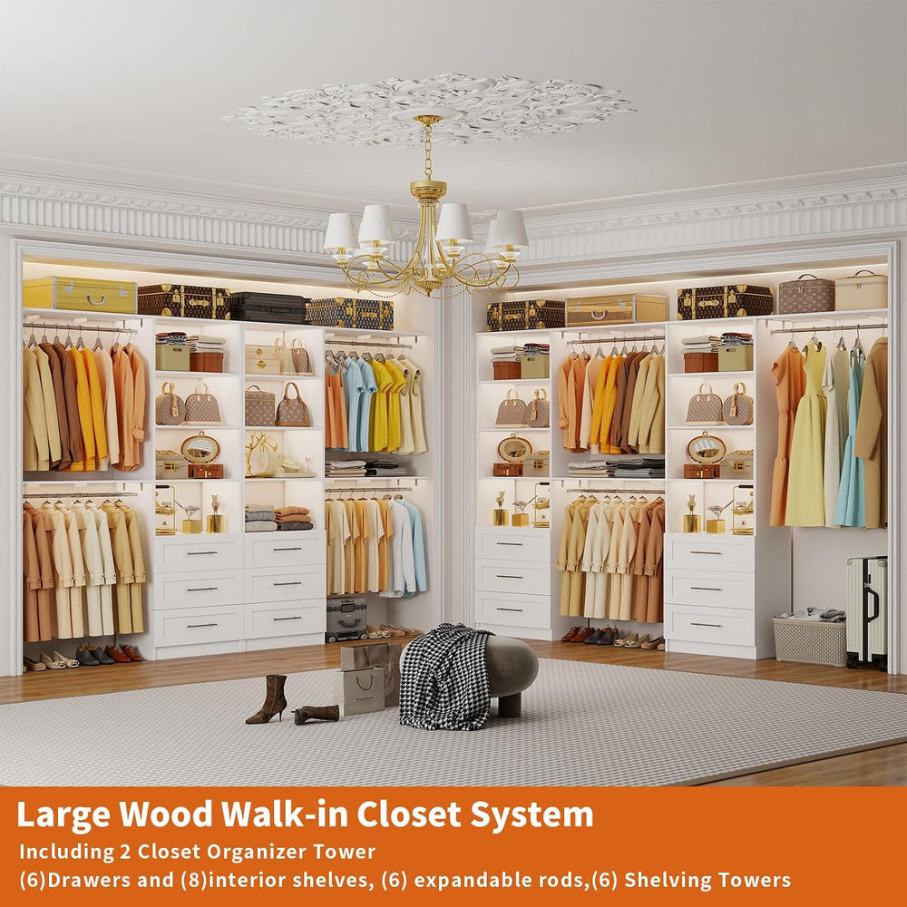 Closet System with 6 Drawers, 6-12.3FT Closet Organizer System Wood with 8 Sh...