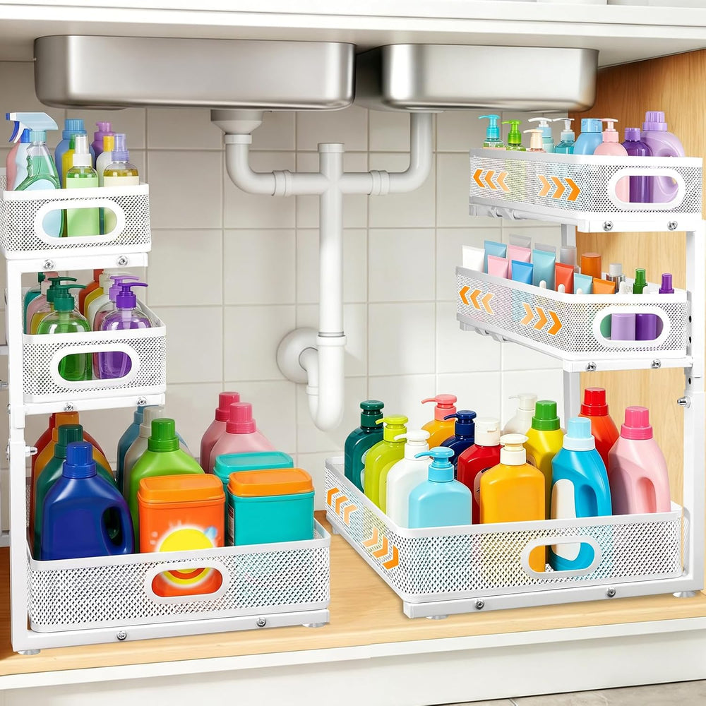 3 Tier Adjustable Under Sink Organizer for Bathroom & Kitchen(2Pack, White)