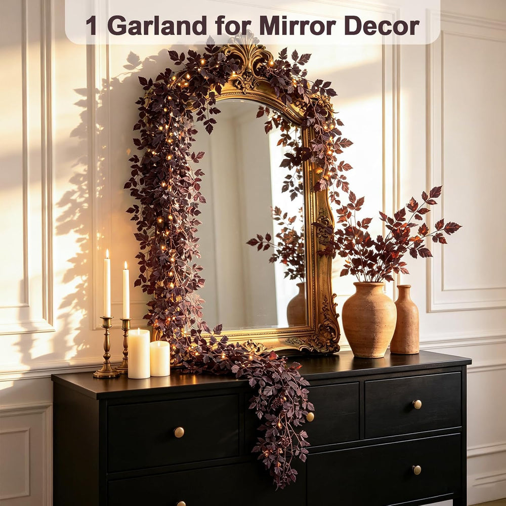 18 FT Plum Cimicifuga Seeded Garland with Light for Mantle, Artificial Fall L...