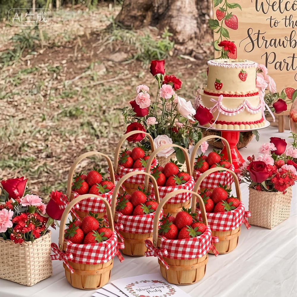 6 Pcs Mini Picnic Basket with Handle, Red White 4.7 X3.9in