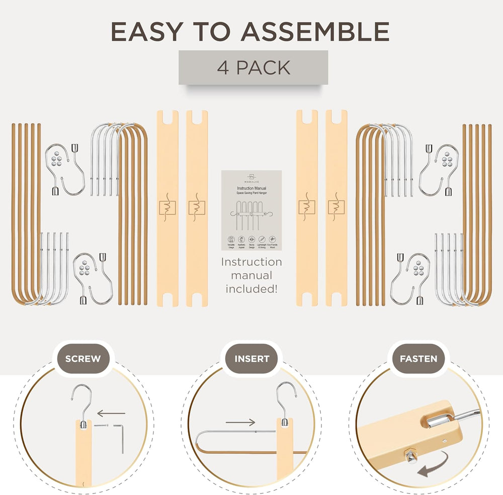 MORALVE Pants Hangers Space Saving - 4 Pack European Beechwood Scarf and Jean...