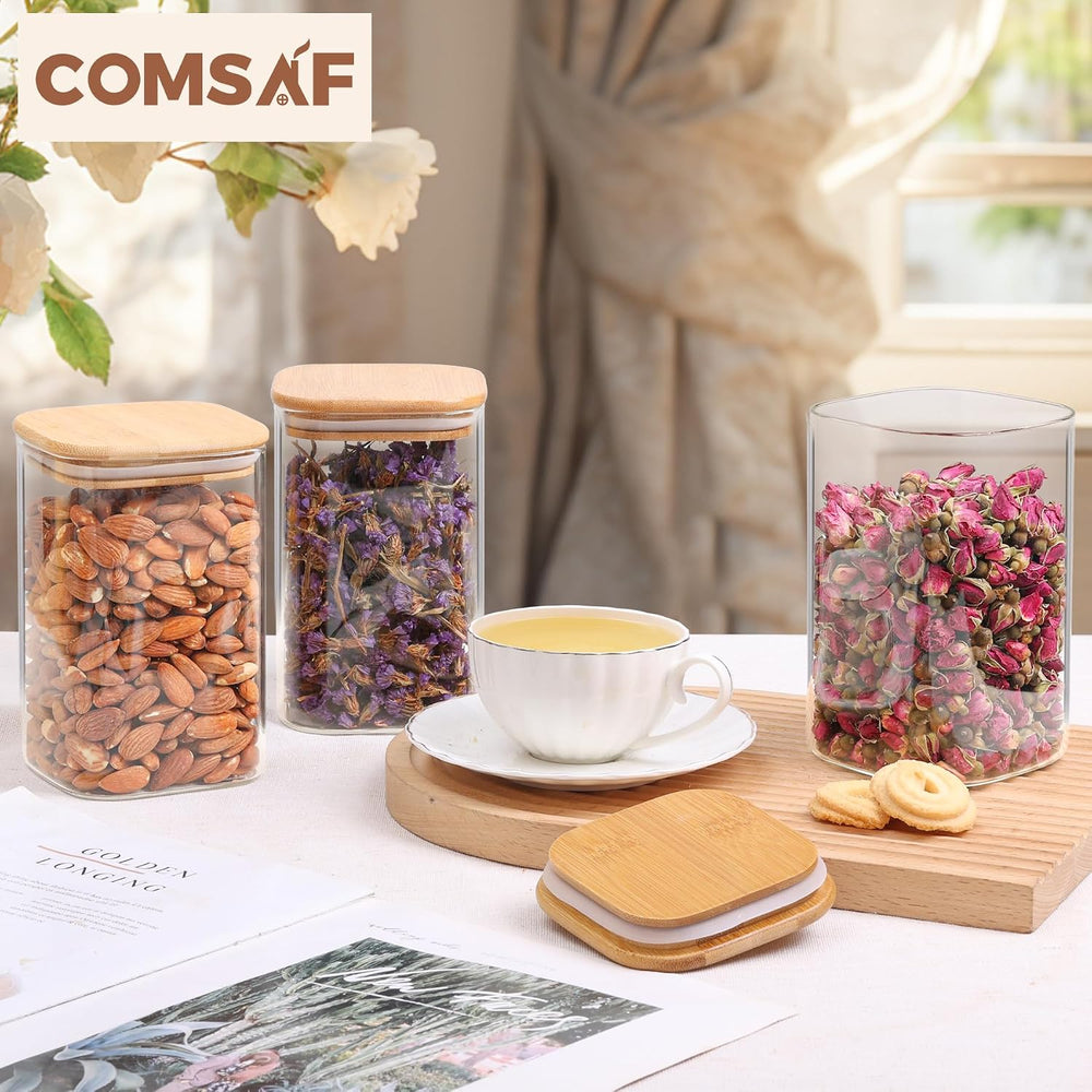 ComSaf Square Glass Containers with Lids 1.2 Qt, Set of 9 Pantry Glass Jars