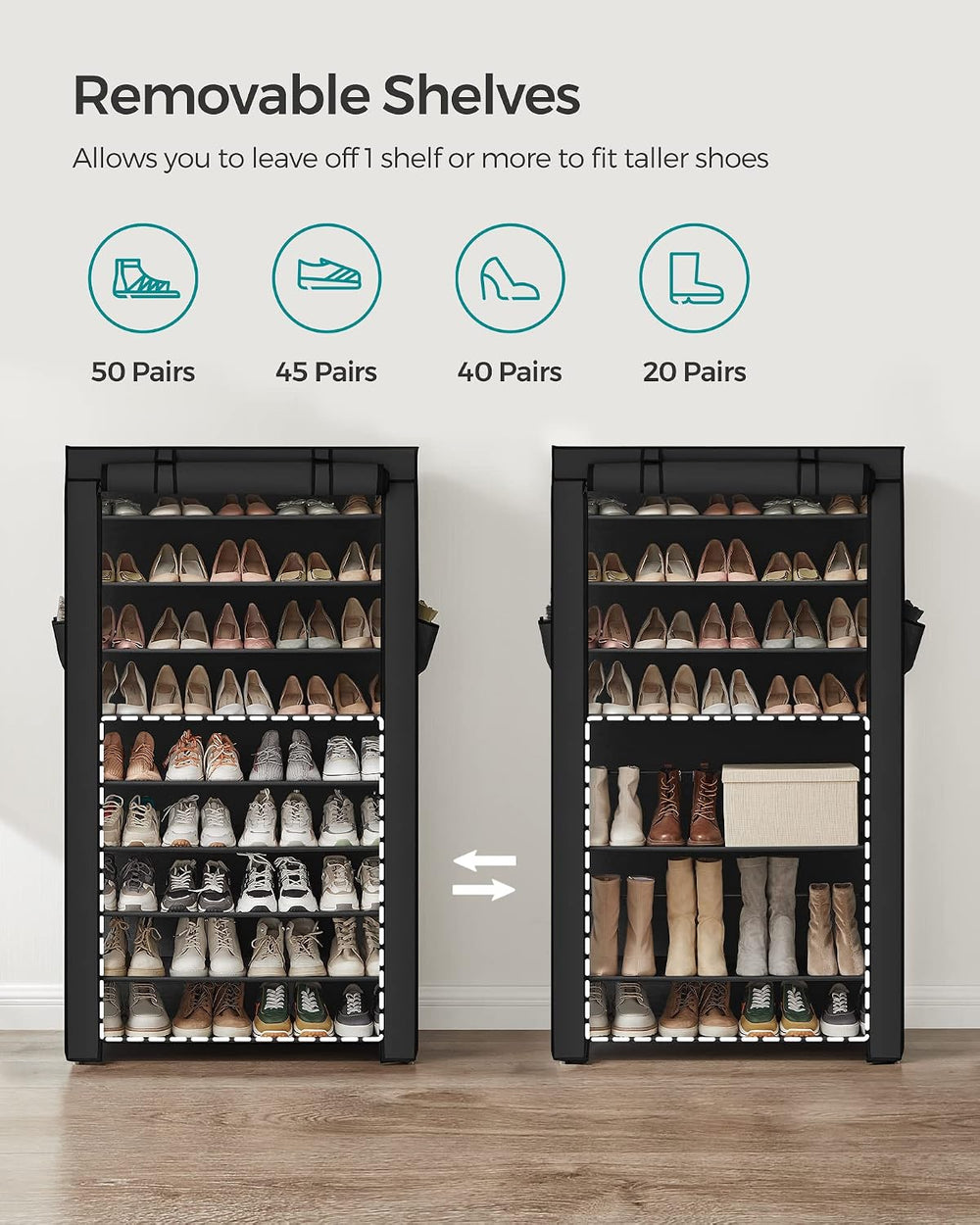SONGMICS 10-Tier Shoe Rack with Cover, Shoe Storage Cabinet for 40-50 Pairs
