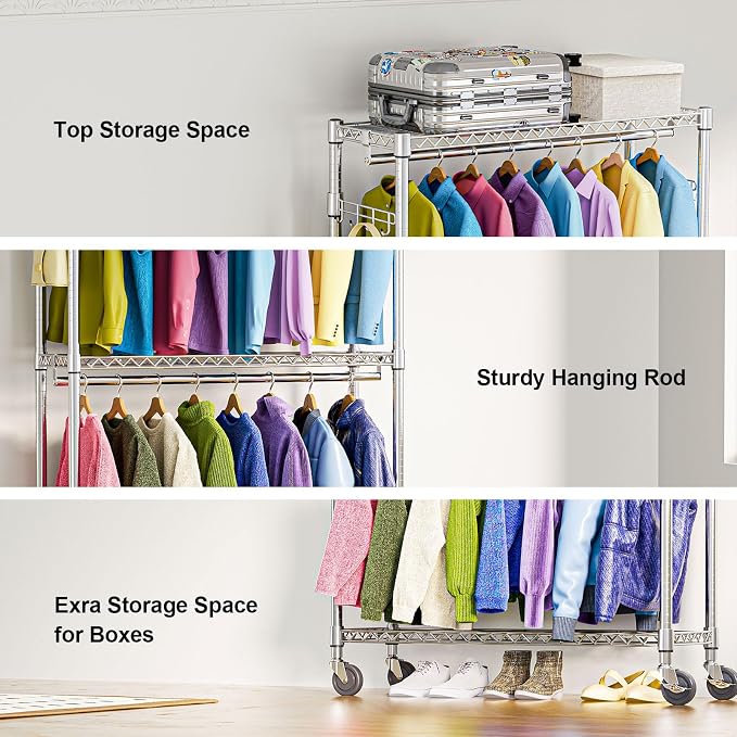 Heavy Duty Rolling Garment Rack 3 Tiers Adjustable Wire Shelving Clothes Rack