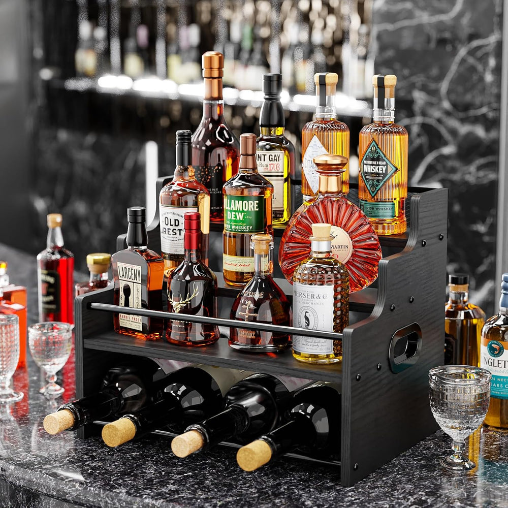 KLM 4-Tier Liquor Bottle Display Shelf,Black Modern Bottle Organizer