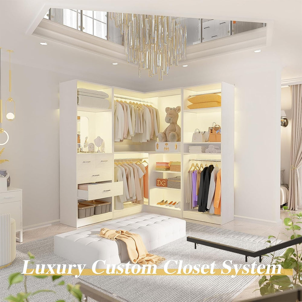 Unikito 86" Corner Closet System with 4 Drawers, 4 Hanging Rods and Mirror
