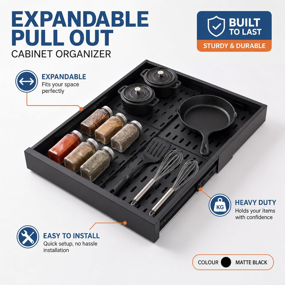 Expandable Pull Out Cabinet Organizer | 4-Way Adjustable Carbon Steel