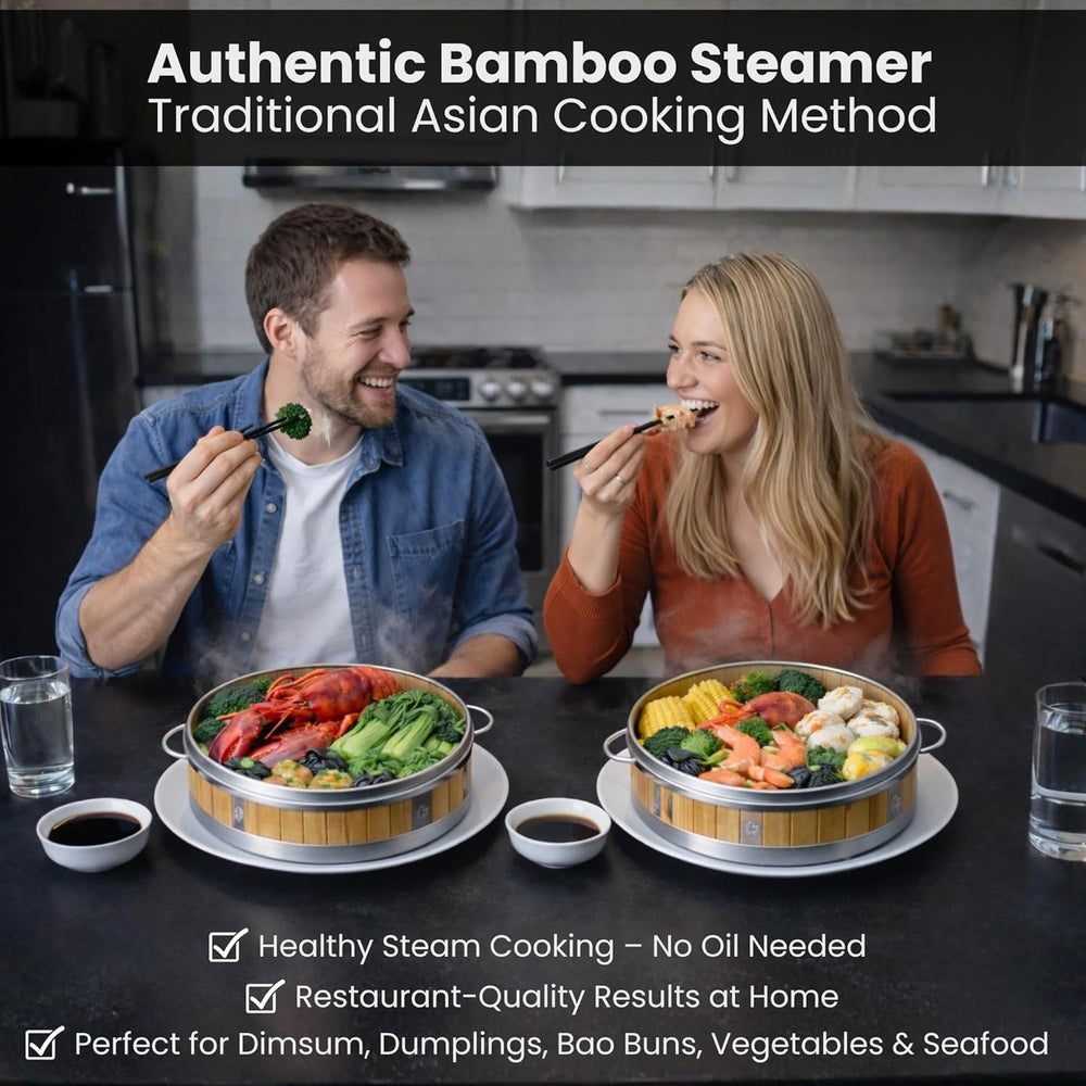 Bamboo Steamer 10" - Heavy-Duty Dumpling Steamer Basket, 2 Tier Bamboo S...