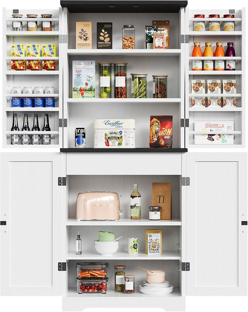 Vongrasig Kitchen Pantry Storage Cabinet with Barn Doors, Drawer & Shelves