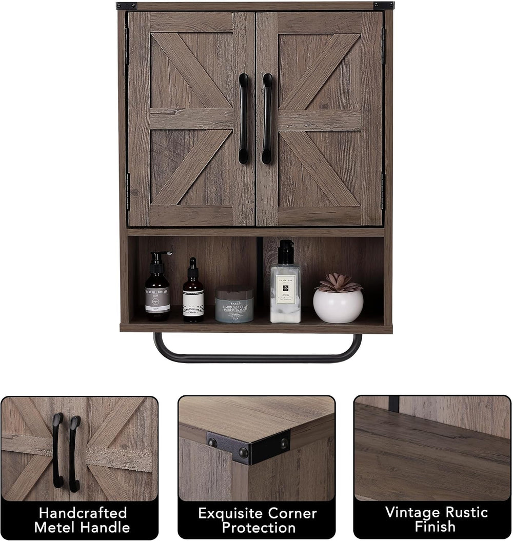 RUSTOWN Farmhouse Wall Storage Cabinet with 2 Barn Door & Towel Rack