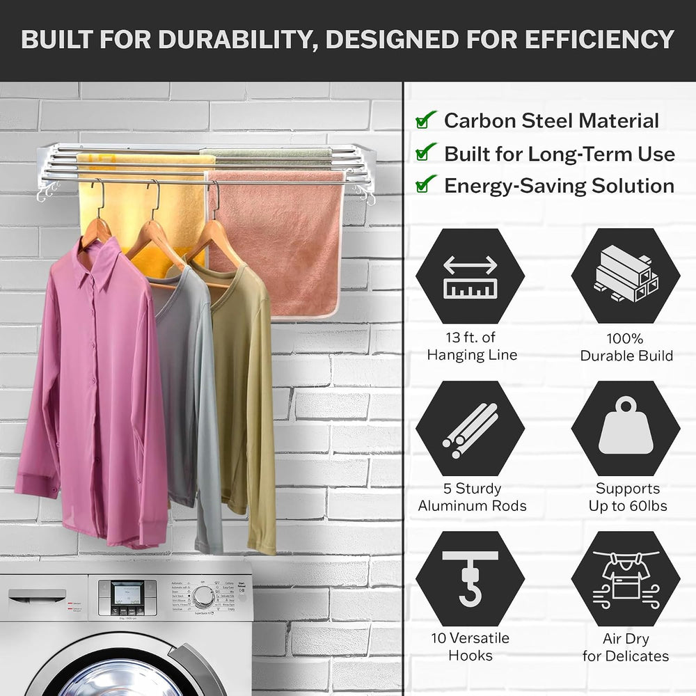 Foldable Wall Mounted Drying Rack - 31.5” Wide, 13.2 Ft Drying Space, 5 Rust-...
