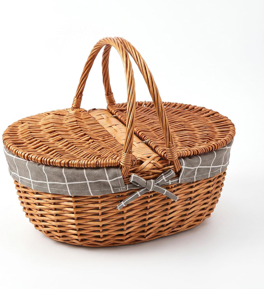 Picnic Wicker Basket with & Handles for Outdoor Camping, Grey