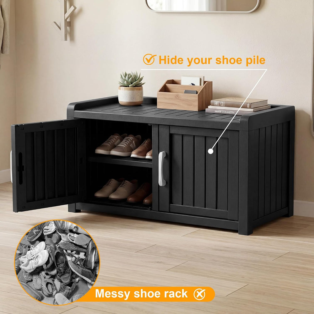 2-Tier Storage Bench, Waterproof UV-Resistant Outdoor Shoe Storage Cabinet ,O...