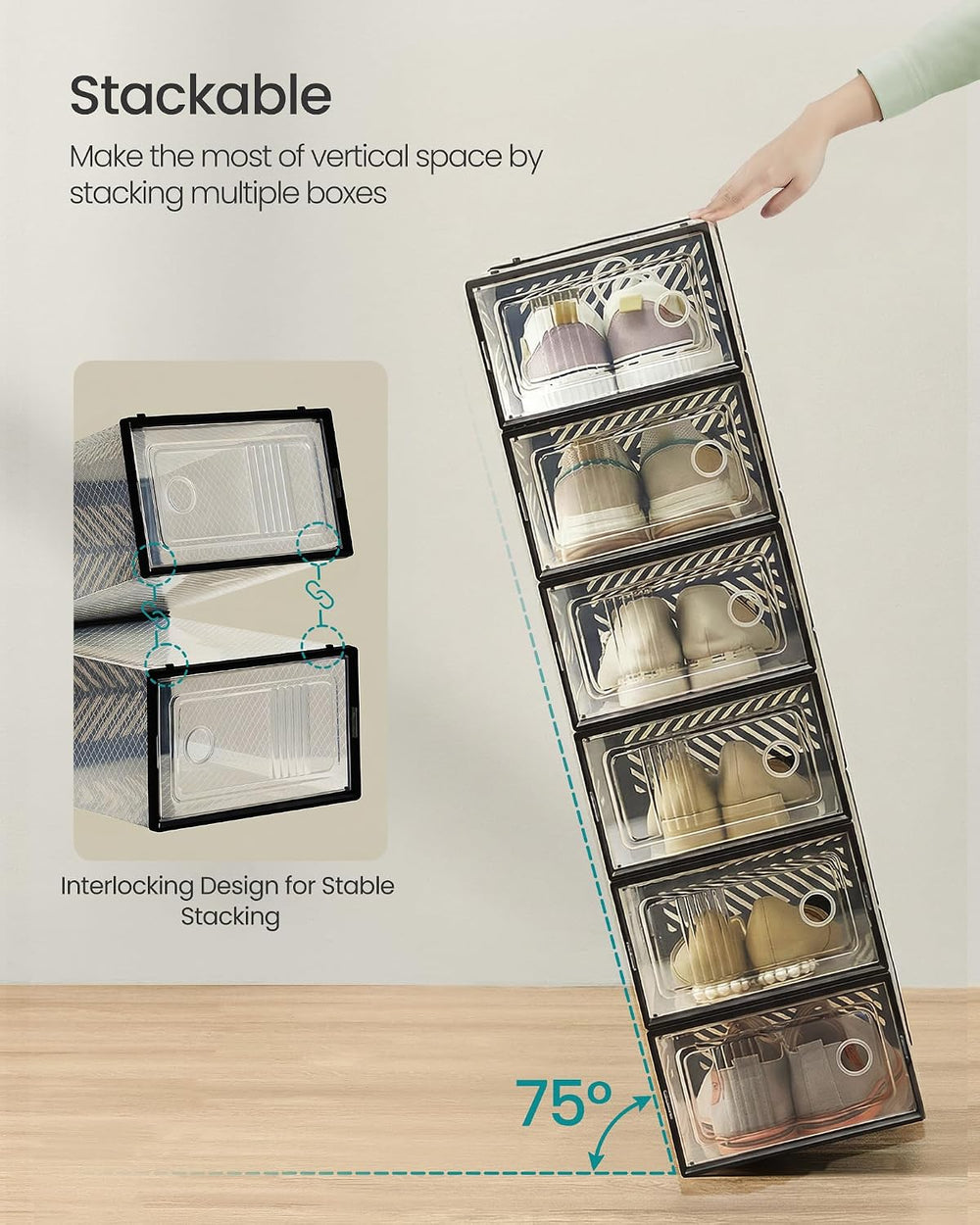 SONGMICS Stackable Shoe Boxes, Foldable, Ventilated Clear, Set of 18