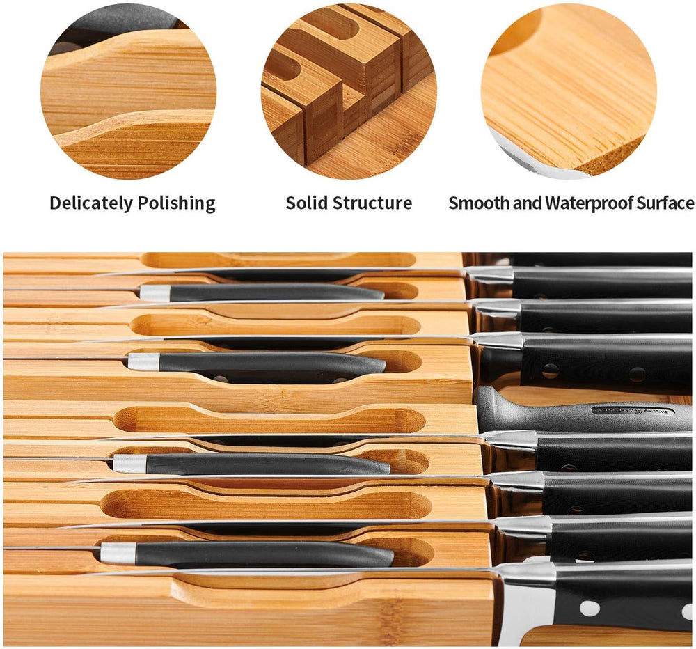 VaeFae In-Drawer Knife Block,Bamboo Knife Drawer Organizer Insert, Kitchen Kn...