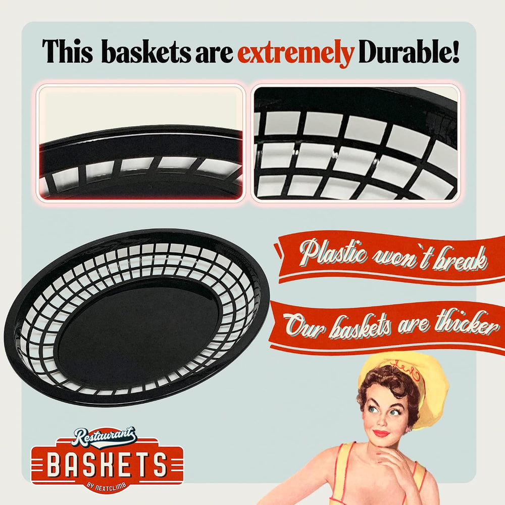 NextClimb Plastic Food Baskets - HUGE 12" x 9" Size, Reusable, Blac...