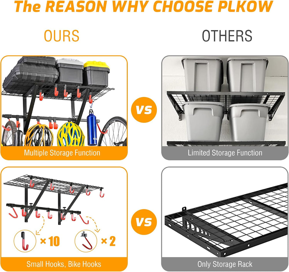 Garage Wall Shelving with Bike Hooks, Adjustable Storage Rack