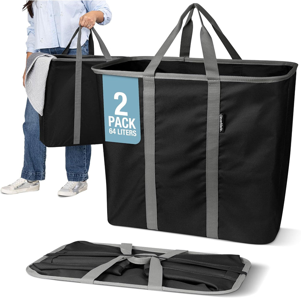 CleverMade Collapsible Laundry Caddy, 64L Pop-Up Hamper, 2 Pack, Black Gray