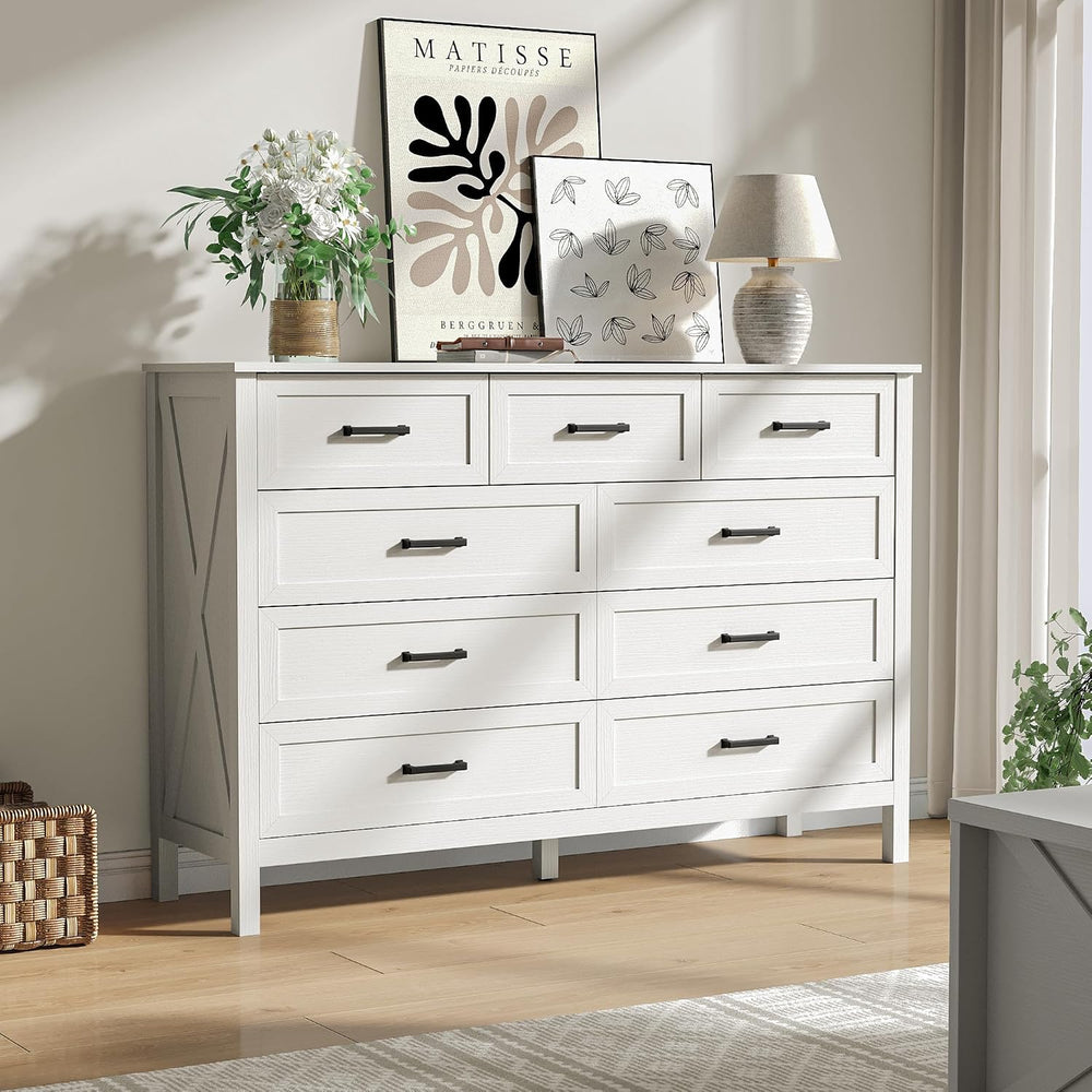 White Farmhouse 9 Drawers Dresser for Bedroom, 55" Wide