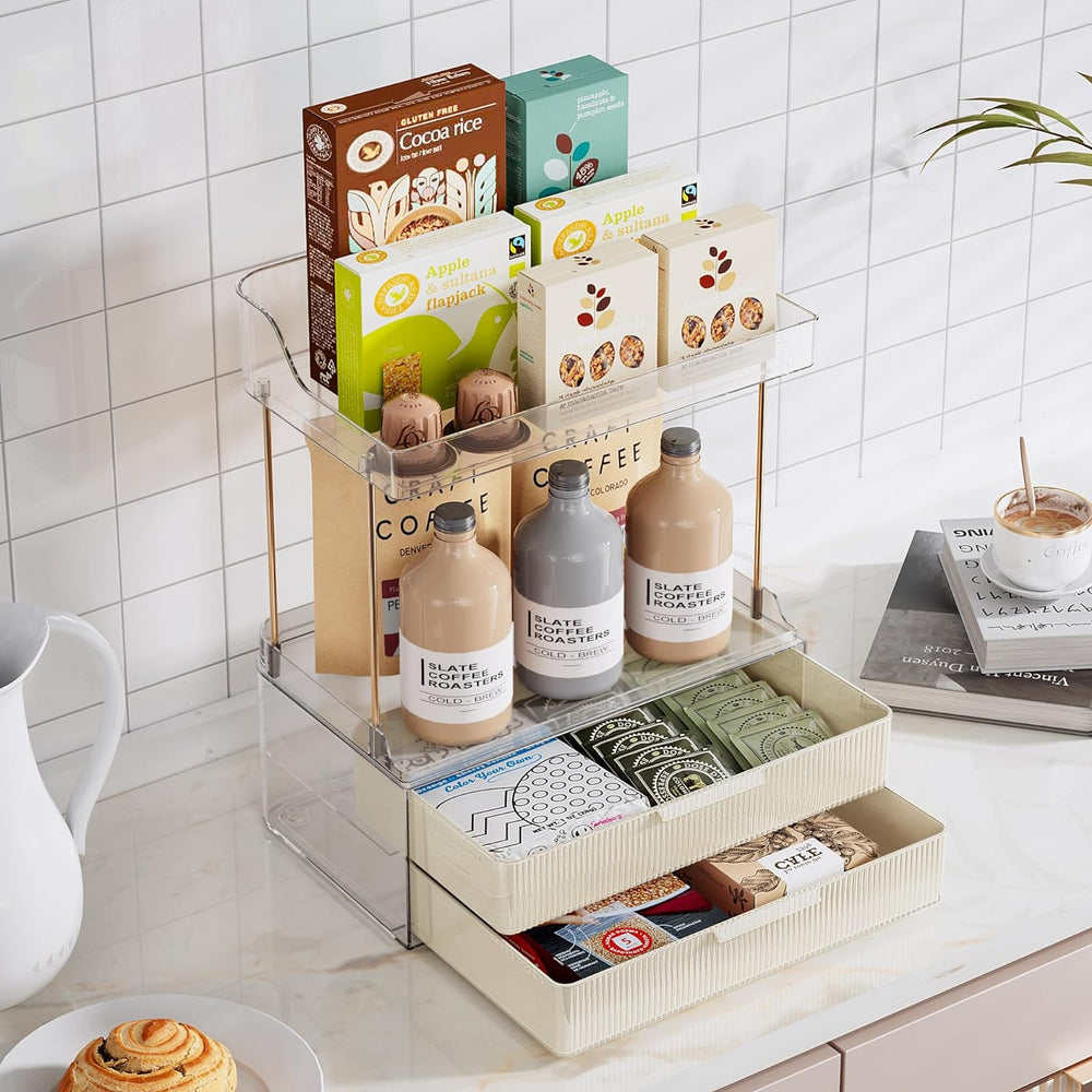 Delamu 4-Tier Makeup Organizer, Bathroom Counter, 2 Drawers,Cream White