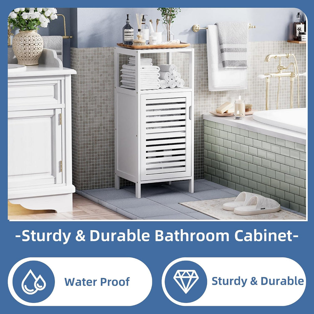 Bamboo Bathroom Storage Cabinet, 4 Tier Small White Floor Cabinet with Single...