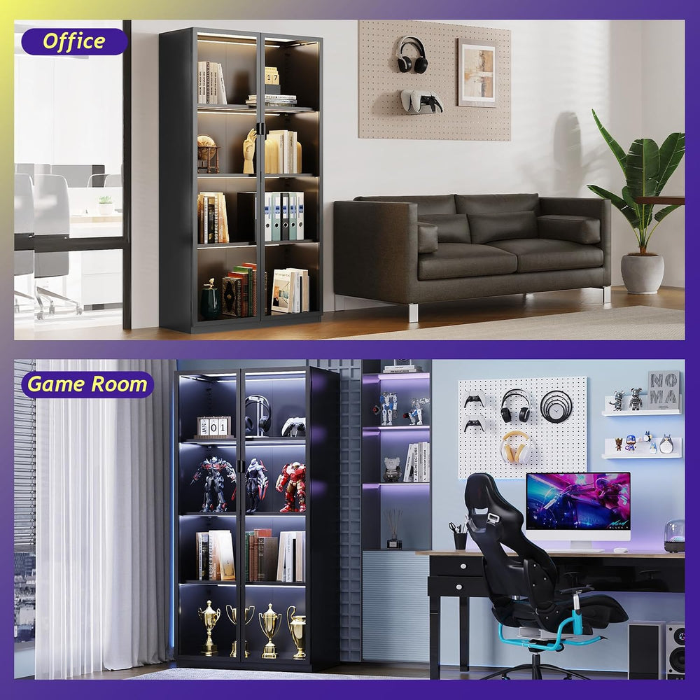 Display Cabinet with Glass Doors,4-Tier Curio Cabinet with Lights
