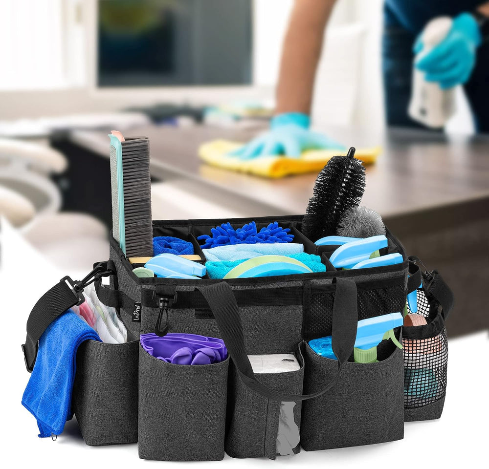 LoDrid Wearable Cleaning Caddy Bag with 4 Foldable Dividers, Black
