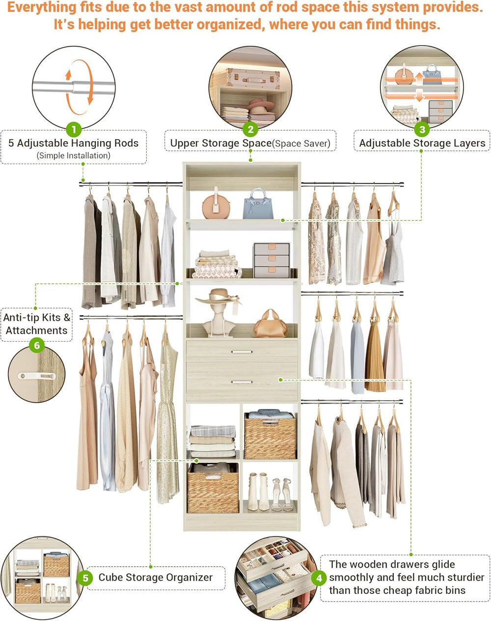 Besiost Small Closet System, 3.2-6.8FT Small Closet Organizer with 5 Hanging ...