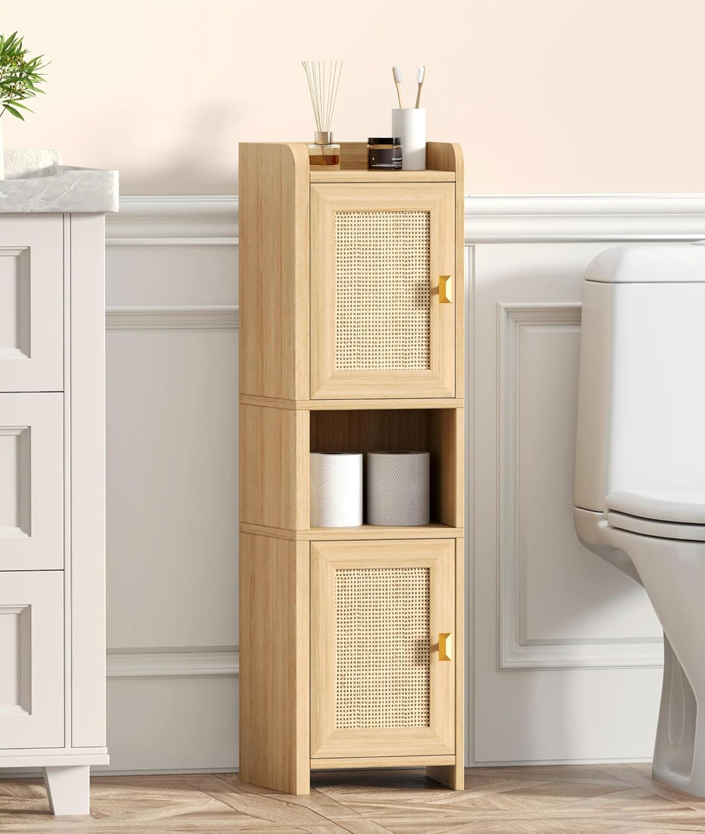 9.8''W Rattan Small Bathroom Storage Cabinet 2 Doors Oak