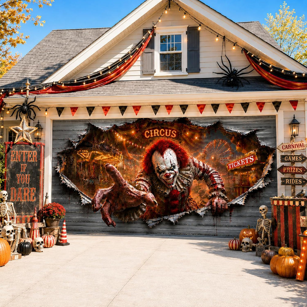 Halloween Garage Door Cover 16x7 FT, 3D Circus Clown Garage Door Decoration