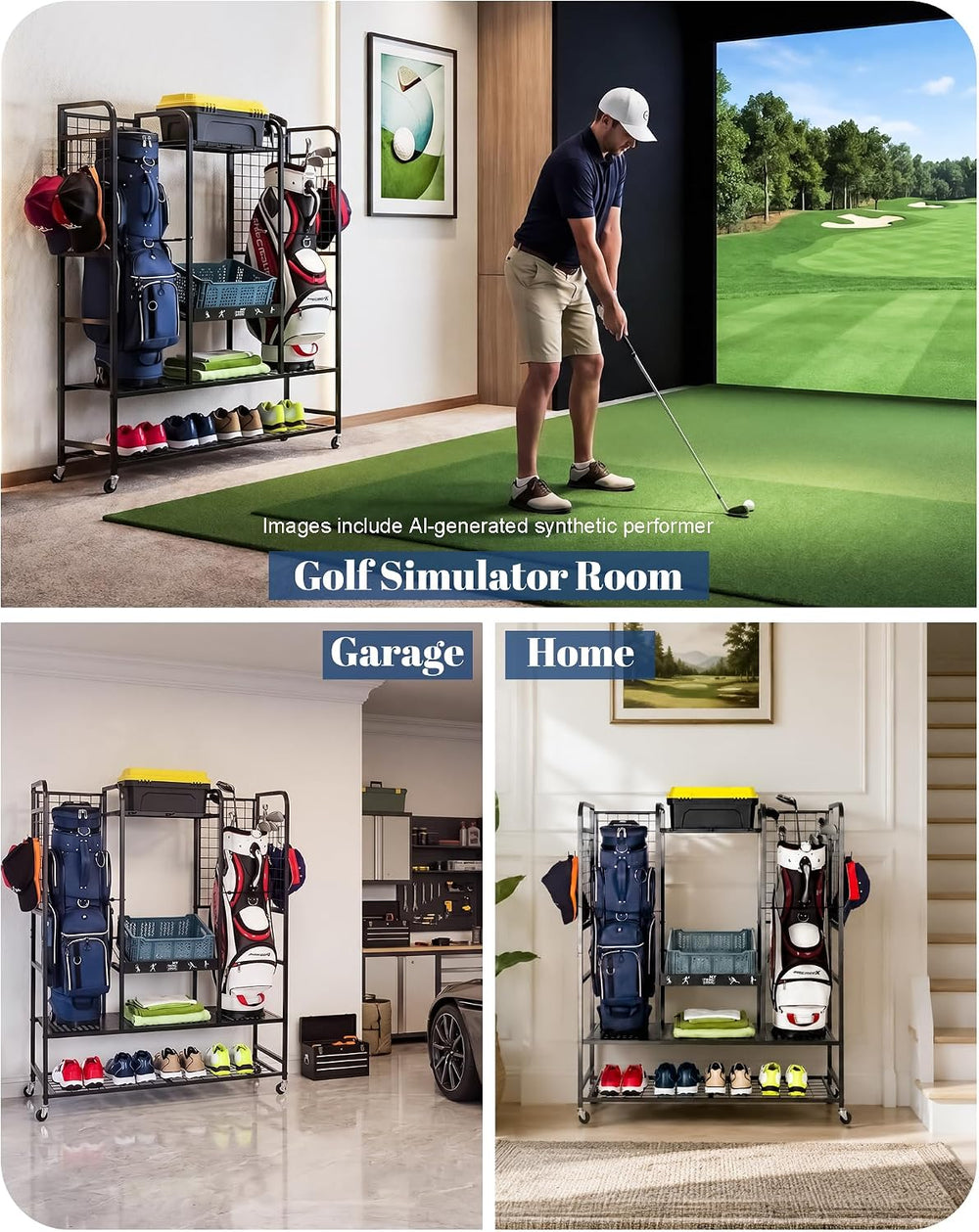 Mythinglogic Golf Bag Storage Rack with Wheels, 2 Golf Bag Garage Organizer