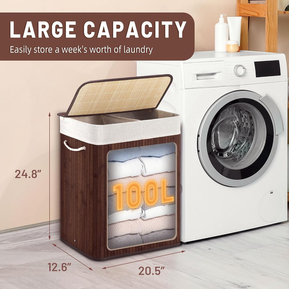 Aliphon 100L Laundry Hamper with lid, 2-Section Clothes Laundry Basket with H...